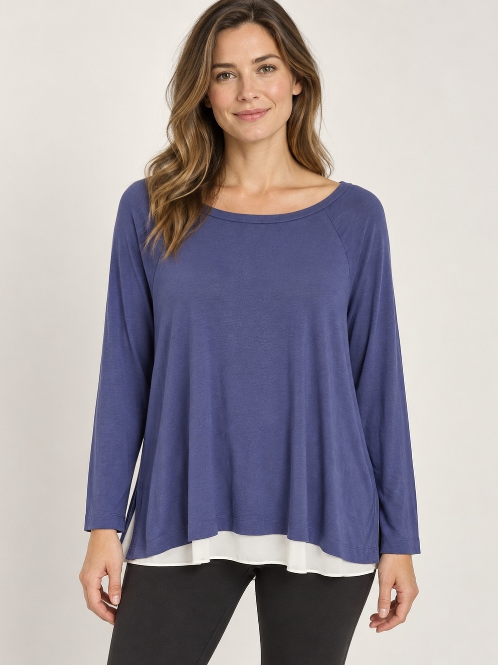 LOFT Blue Layered Hem Long-Sleeve Top Size L Cotton